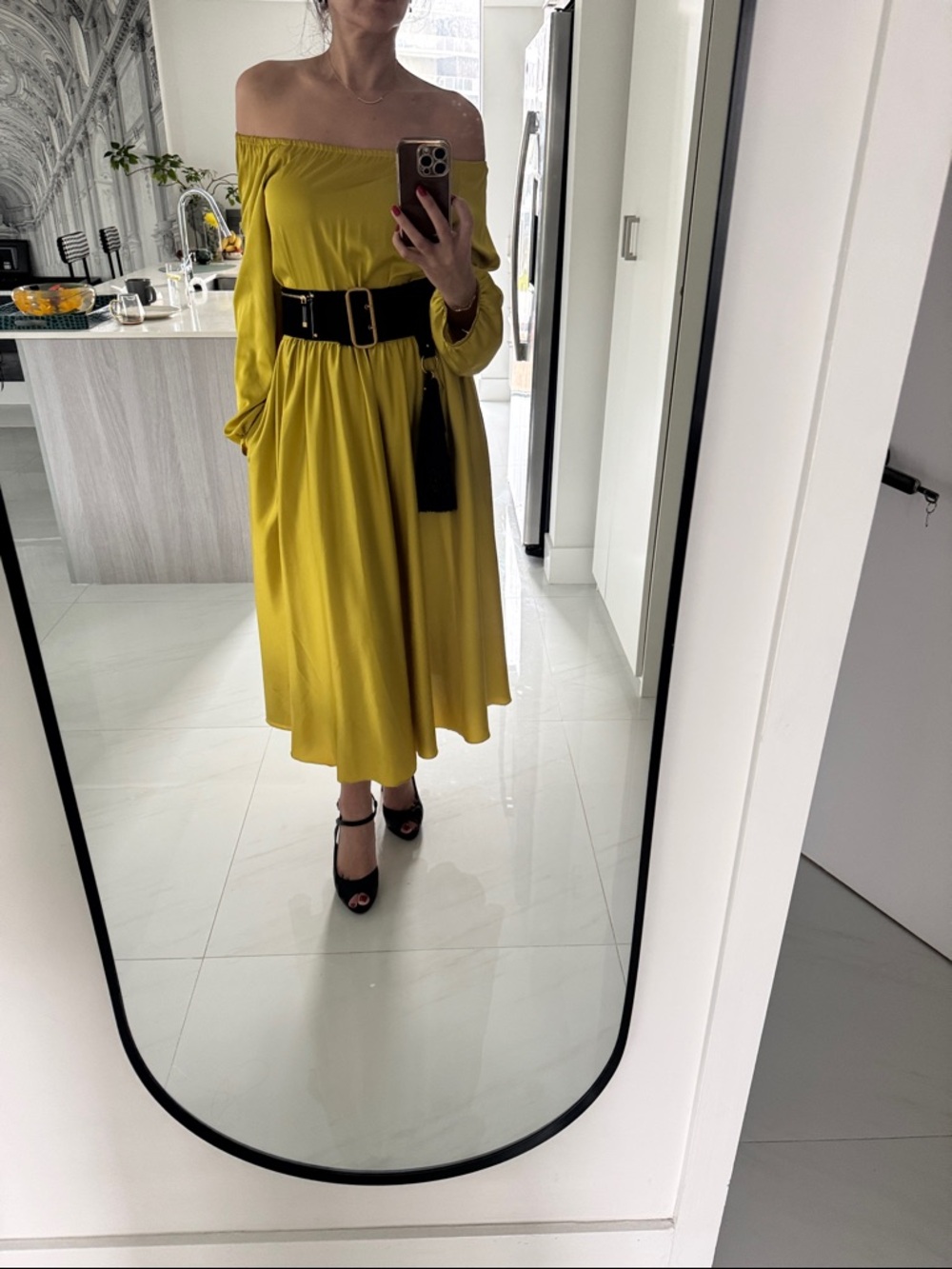 Yulia Prokhorova Silk Off Shoulder Midi Dress Lime Yellow Luxury Elegant